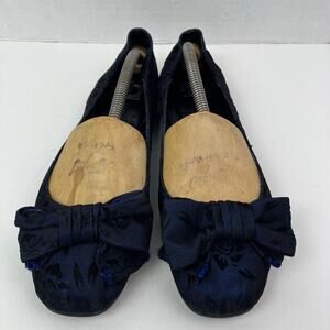 New Directions Floral Burnout Velvet Print Ballet Flats Square Toe Bow Navy Sz 8